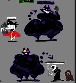 3_fingers 3_toes accessory ambiguous_gender anthro anthro_focus balls belly big_balls big_belly big_butt big_moobs big_penis black_balls black_body black_ears black_eyes black_fur black_glans black_hair black_penis black_skin black_tail bone bottom_heavy bottomless bottomless_ambiguous bottomwear brown_bottomwear brown_clothing brown_footwear brown_hair brown_pants brown_shoes butt cheek_tuft clothed clothing dialogue egg electronics empty_eyes eyes_closed facial_tuft featureless_crotch featureless_moobs feet fingers footwear fur genitals glans grey_background grey_clothing grey_shirt grey_topwear group hair hair_over_eyes hand_on_belly hand_on_own_belly happy heterochromia holding_object holding_phone huge_belly huge_butt huge_moobs huge_thighs hyper hyper_butt long_nose looking_at_another looking_at_viewer looking_back looking_back_at_viewer looking_down looking_down_at_another male moobs multiple_angles navel necktie obese obese_anthro obese_male open_mouth orange_necktie outline overweight overweight_anthro overweight_male pants penis phone pink_sclera pupils purple_outline red_clothing red_suit red_tongue shirt shoes simple_background sitting skeleton slit_pupils smile solo_focus standing suit tail talking_to_another teeth text thick_thighs toes tongue toothy_grin topwear tuft white_body white_skin wide_hips x_navel yellow_sclera superiorfox deltarune undertale undertale_(series) friend_(deltarune) gaster spamton_g._spamton animated_skeleton domestic_cat felid feline felis human humanoid mammal undead 2026 colored digital_drawing_(artwork) digital_media_(artwork) drawpile_(artwork) english_text flat_colors multiple_scenes shaded simple_shading