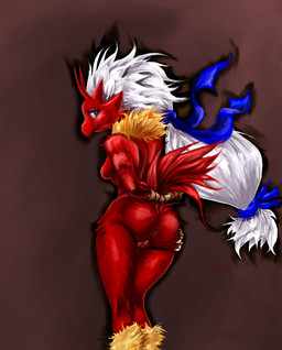 anthro anus athletic athletic_anthro athletic_female beak big_butt biped breasts butt feathers featureless_breasts female female_anthro genitals hair hand_on_butt inner_labia long_inner_labia looking_at_viewer looking_back looking_back_at_viewer presenting presenting_hindquarters red_body red_feathers side_boob solo spread_butt spreading vulva white_hair pinderhooks nintendo pokemon blaziken generation_3_pokemon pokemon_(species) colored digital_media_(artwork) shaded