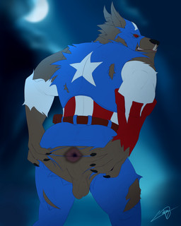 anthro anus balls belt bottomwear brown_body brown_fur butt claws clothing dark_anus fangs forest full_moon fur genitals hand_on_butt hero long_ears looking_at_viewer looking_back male mask moon night pants perineum plant rear_view red_eyes saggy_balls smile smirk solo spread_anus spread_butt spreading star_symbol superhero teeth teeth_showing torn_bottomwear torn_clothing torn_pants tree lopezthewolf marvel marvel_rivals mythology captain_america capwolf canid canine canis mammal mythological_canine mythological_creature werecanid werecanine werecreature werewolf wolf 4:5 absurd_res hi_res