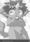 balls big_ears big_eyes eyebrows flaccid genitals horn kemono male nude penis solo tail text young young_male kagerow greyscale hi_res monochrome url