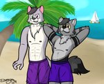 anthro beach clothed clothing duo foxstep grey_body heterochromia male male/male nipples romantic romantic_couple smile tattoo topless yeik_ancient darkyapper canid canine canis fox mammal true_fox wolf absurd_res digital_drawing_(artwork) digital_media_(artwork) hi_res