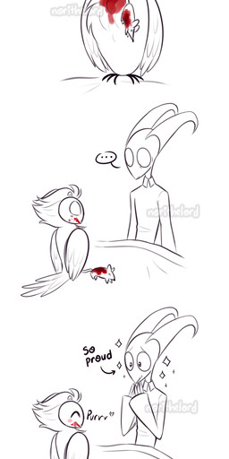 4_eyes 5_panel_comic animal_noises bed bedding blanket blood blood_on_chest blood_on_face bodily_fluids censored_gore clothing corpse dead_animal duo ellipsis eyes_closed feathers feral furniture heart_symbol horn male multi_eye pajamas pet_praise pillow praise purring sleeping sound_effects sparkles tail tail_feathers vowelless vowelless_sound_effect waking_up wings x_eyes zzz norithelord hellaverse helluva_boss blitzo_(helluva_boss) stolas_(helluva_boss) avian bird demon humanoid imp mammal mouse murid murine owl owl_demon rodent 2022 absurd_res black_and_white_and_red censored comic hi_res line_art long_image mosaic_censorship tall_image
