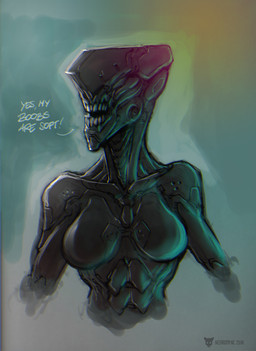 breasts cybernetics cyberpunk female future machine not_furry open_mouth science_fiction simple_background solo text neurodyne cyborg humanoid robot 2018 digital_media_(artwork) english_text