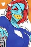 alcohol beer beverage blue_body blue_clothing blue_shirt blue_skin blue_topwear clothed clothing eye_patch eyes_closed eyewear female fin grin hair holding_beer red_hair sharp_teeth shirt smile solo teeth topwear yellow_teeth pugthe2ro undertale undertale_(series) undyne fish marine 2:3 hi_res