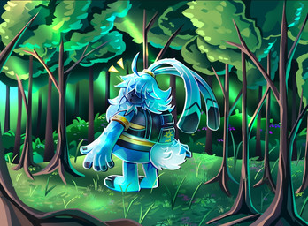 ahoge anthro armlet blue_body blue_fur clothing fluffy forest fur hair hair_over_eyes long_ears looking_at_viewer male plant ponytail_ears solo standing topwear tree vest nebularobo bandai_namco digimon angoramon digimon_(species)