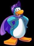 anthro blue_body cape clothing hair hands_on_hips looking_at_viewer male open_mouth purple_cape purple_clothing purple_hair short_hair simple_background solo transparent_background upper_teeth_only unknown_artist club_penguin avian bird penguin absurd_res alpha_channel full-length_portrait hi_res official_art portrait