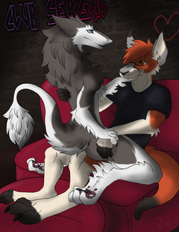 anthro black_claws black_markings butt claws clothing duo eyewear fur furniture glasses grey_body grey_fur heart_symbol male male/male markings multicolored_body nude orange_body orange_fur raised_tail shirt sofa tail text topwear two_tone_body white_body white_fur ni3ls kangaroo macropod mammal marsupial sergal hi_res