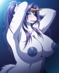 anthro big_breasts blue_eyes blush breasts female fur hair horn huge_breasts nipple_dip nipples nude pose purple_hair solo tail white_body white_fur 68_(artist) legend_of_mana mana_(series) square_enix sierra_(mana) canid canine mammal