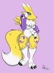 3_toes anthro blue_eyes breasts clothing feet female fur handwear looking_at_viewer simple_background solo toes white_body white_fur wide_hips yellow_body daison_the_fox bandai_namco digimon canid canine digimon_(species) mammal renamon hi_res