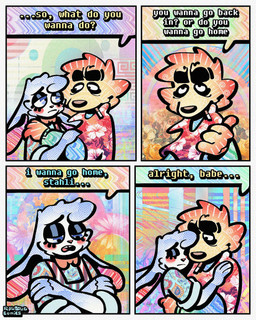 4_panel_comic aloha_shirt anthro bow_tie cheek_spots cheek_tuft cigarette cigarette_in_mouth clothing dialogue duo ears_down eyes_closed facial_tuft floppy_ears fur half-closed_eyes hug humor male narrowed_eyes object_in_mouth overalls pattern_clothing pattern_shirt pattern_topwear pivoted_ears shirt smoking_tobacco speech_bubble teeth text tooth_gap topwear tuft white_body white_fur yellow_body yellow_fur rawdawgcomics bingus_(rawdawgcomics) stahli_(rawdawgcomics) bird_dog canid canine canis domestic_dog golden_retriever hunting_dog lagomorph leporid mammal rabbit retriever 4:5 comic english_text hi_res