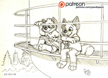 anthro barefoot bottomwear closed_smile clothed clothing duo feet front_view head_tuft logo male male_anthro mouth_closed open_mouth open_smile pants plant shirt shorts sitting smile t-shirt text topwear tree tuft young young_anthro young_male pandapaco art_(pandapaco) biro_(pandapaco) bear canid canine fox giant_panda mammal 2016 artist_logo dated signature spot_color url