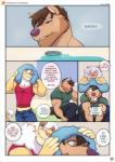 2018 >:3 anthro bastian_(leobo) blue_eyes canid canine canis clenched_teeth clothed clothing comic dialogue drain duo english_text eyebrows felid fully_clothed green_eyes hair hi_res leobo lion male mammal muscular muscular_male pantherine patreon patreon_logo romeo_(leobo) smile speech_bubble teeth text tongue tongue_out towel url water website_logo wet white_hair wolf