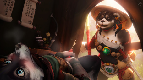 anthro blush bodily_fluids clothed clothing duo erection female fur genital_fluids genitals male male/female penis smile zatoart blizzard_entertainment warcraft bear canid canine fox mammal pandaren vulpera 3d_(artwork) 4k absurd_res digital_media_(artwork) hi_res