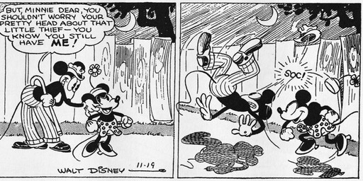 4_fingers anthro bottomwear cane clothed clothing crossdressing crossdressing_male dialogue duo fingers flower footwear gloves handwear hat headgear headwear high_heels male male/male night open_mouth outside pants plant punch running shoes skirt tail teeth text violence earl_duvall floyd_gottfredson disney public_domain mickey_mouse mister_slicker mammal mouse murid murine rodent 1930 20th_century absurd_res ancient_art black_and_white dated english_text hi_res long_image monochrome signature wide_image