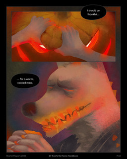 border dialogue eating eating_food food fruit fur glowing male narrowed_eyes orange_teeth plant pumpkin sharp_teeth solo speech_bubble spikes spikes_(anatomy) squint teeth text white_body white_fur sharkinthepark rowel_(sharkinthepark) canid canine fox mammal 2025 absurd_res comic english_text hi_res