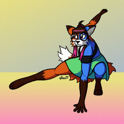 anthro barefoot blue_body blue_fur bottomwear brown_body brown_fur brown_hair cheek_tuft claws clothing cowlick crop_top digitigrade dipstick_tail eyewear facial_tuft feet female fighting_pose fur glasses gradient_background gradient_hair hair looking_away markings midriff midriff_top multicolored_body multicolored_hair orange_body orange_fur outline paws pink_hair pose round_glasses shirt simple_background skirt solo tail tail_markings topwear tuft white_body white_fur white_tail_tip qreativa irena_(qreativa) canid canine fox mammal red_fox true_fox 1:1 absurd_res digital_drawing_(artwork) digital_media_(artwork) hi_res pixel_(artwork) shaded trans_(lore) trans_woman_(lore)