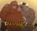 anthro balls belly big_belly blush bodily_fluids bound brown_body bulge clothing duo erection genitals kemono male male/male moobs musclegut muscular nipples overweight overweight_male penis scar simple_background sweat underwear weapon araiguma_11 setsubun bovid bovine cattle equid equine horse mammal 2024