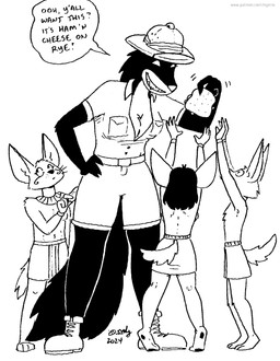 anthro armor barefoot boots bottomwear breasts cleavage clothed clothing dialogue feet female food footwear fur grin group hair headgear helmet male pickpocketing pith_helmet sandwich_(food) shirt shoes shorts skirt smile tail text topless topless_anthro topless_female topless_male topwear tegerio zandar's_saga catherine_o'daisies undit_ermend wadi_yuker canid canine fennec_fox fox mammal mephitid skunk true_fox 2024 black_and_white english_text hi_res monochrome