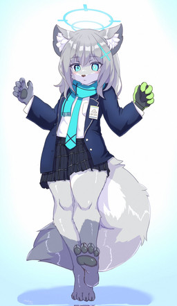 4_toes accessory anthro barefoot blue_eyes bottomwear claws clothing feet female finger_claws fluffy fur gradient_background grey_body grey_fur grey_pawpads hair halo jacket miniskirt necktie pawpads paws plantigrade scarf shirt short_hair simple_background skirt soles solo tail toe_claws toes topwear walking ooba_jun blue_archive nexon shiroko_(blue_archive) canid canine canis mammal wolf hi_res