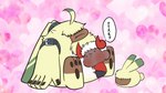 anthro belly blush chibi feral fur group hair hair_over_eyes horn hug long_ears male overweight pawpads ponytail_ears sitting text trio yellow_body yellow_fur isaragikarashi bandai_namco digimon angoramon digimon_(species) horned_humanoid humanoid pyonmon hi_res japanese_text