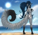 ambient_bird ambient_flier anthro areola avinz beach big_breasts biped blue_hair breasts butt cloud day detailed_background digitigrade domestic_cat ear_tuft felid feline felis female female_anthro genitals hair hi_res looking_at_viewer looking_back looking_back_at_viewer maine_coon mammal nipples nude opal pigtails pinup pose pussy rear_view sea seaside sky solo standing sun tuft water