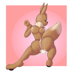 anthro anus balls big_butt blue_eyes bodily_fluids border brown_body brown_fur brown_pawpads butt dipstick_tail fur genitals half-closed_eyes head_tuft looking_back male markings musk musky_armpit musky_balls musky_butt narrowed_eyes nude nude_anthro nude_male pawpads pink_background pose ruff simple_background smile solo stretching sweat sweaty_back sweaty_body sweaty_butt tail tail_markings tan_body tan_fur tuft white_border bakertheskunk nintendo pokemon eevee generation_1_pokemon pokemon_(species) 1:1 hi_res