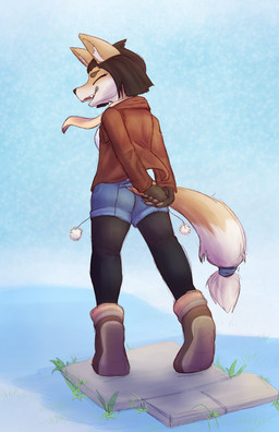 boots butt clothing female footwear leggings legwear looking_back rear_view scarf shoes snow standing winter ayaka masteroflasagna canid canine fox mammal absurd_res hi_res