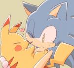 anthro blue_body blue_fur blush bodily_fluids clothing duo eyes_closed feral fur gloves green_eyes grey_background handwear heart_symbol holding_character kissing male one_eye_closed simple_background sweat sweatdrop yellow_body yellow_fur sikai nintendo pokemon sega sonic_the_hedgehog_(series) sonic_the_hedgehog eulipotyphlan generation_1_pokemon hedgehog mammal pikachu pokemon_(species)