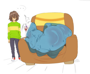 anthro bedding big_butt blanket blush bodily_fluids butt covered_eyes duo eyes_closed eyeshadow female hair hair_over_eye huge_butt makeup male nude nude_anthro nude_female sweat gonzalo_costa deltarune undertale_(series) chairiel kris_dreemurr toriel boss_monster_(undertale) bovid caprine human mammal hi_res