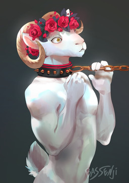 anthro black_collar chain chain_leash collar collar_only floral flower flower_crown flower_garland fur garland head_wreath horn leash leash_pull male nude plant rose_(flower) simple_background solo spiked_collar spikes white_body white_fur yellow_eyes bassenji cedric_(arcanahunter) bovid caprine mammal sheep half-length_portrait hi_res portrait