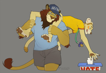 4_toes ageplay anthro biped blue_eyes brown_body brown_fur brown_mane brown_nose carrying_another claws clothed clothing duo eyewear feet fur glasses hat headgear headwear hindpaw infantilism long_tail male mane pacifier pacifier_clip pawpads paws roleplay shaved_head simple_background smile tail text toe_claws toes tongue tongue_out voting puddlepup junior_(puddlepup) liondad_(puddlepup) felid lion mammal pantherine 2024 digital_media_(artwork) english_text hi_res signature father_(lore) father_and_child_(lore) father_and_son_(lore) parent_(lore) parent_and_child_(lore) parent_and_son_(lore) son_(lore)