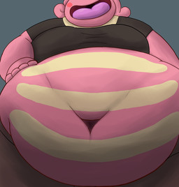 ambiguous_gender belly big_belly black_clothing black_shirt black_topwear blush bottomwear brown_bottomwear brown_clothing brown_pants clothing duo feral grey_background hand_on_belly navel open_mouth pants pink_arms pink_body pink_head shirt simple_background stripes topwear vore white_stripes unknown_artist nintendo pokemon generation_1_pokemon lickitung pokemon_(species) hi_res