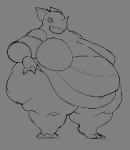 1_horn anthro belly belly_overhang belly_rolls big_belly big_breasts biped breasts claw_fingers claw_toes featureless_breasts female grey_background hand_on_hip horn huge_belly huge_hips lidded_eyes morbidly_obese morbidly_obese_anthro morbidly_obese_female natural_breasts navel nude obese obese_anthro obese_female overweight overweight_anthro overweight_female pokemorph simple_background solo standing thick_thighs three-quarter_view wide_hips dorkass nintendo pokemon generation_1_pokemon nidoqueen pokemon_(species) 2022 digital_drawing_(artwork) digital_media_(artwork) full-length_portrait greyscale monochrome portrait sketch