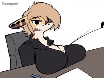 anthro big_breasts bra breasts clothed clothing curvy_figure female furniture hair humor looking_at_viewer paper pen piercing short_hair sitting solo stripes table underwear white_body plecopsar alice_(plecopsar) fish marine shark 2d_animation animated meme no_sound short_playtime