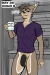 2022 5_fingers absurd_res anthro athletic athletic_anthro athletic_male balls bat big_ears black_glans black_penis black_sclera botter_dork bottomless bottomless_anthro bottomless_male brown_body brown_hair cheek_tuft clothed clothing container cup dialogue digital_media_(artwork) english_text facial_tuft fangs fingers flaccid fur genitals glans hair hi_res humanoid_genitalia humanoid_penis hybrid kitchen looking_at_another male mammal meme mug mustelid no_nut_november otter penis rio_(botter_dork) simple_background solo teeth text topwear tuft waist