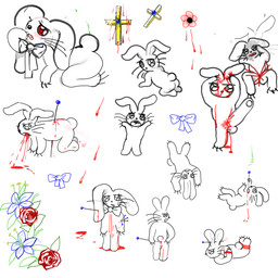 ambiguous_gender anthro bdsm blood bodily_fluids bondage bound butt christian_cross christian_symbol claws cross crucifix female floppy_ears flower genital_fluids gore group impalement lop_ears menstruation plant religion religious_symbol rose_(flower) simple_background spread_legs spreading standing tail toony whiskers white_body wounded yogurt200 christianity lagomorph leporid mammal rabbit sketch