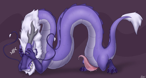 animal_genitalia bodily_fluids claws cloaca cloacal_penis dipstick_tail embarrassed eyebrows feral flustered fur genital_fluids genital_slit genitals grey_horn horn leaking_precum male mane markings penis pink_penis precum purple_body purple_scales scales serpentine solo tail tail_markings tapering_penis tuft ventral_scales whisker_tuft whiskers white_body white_fur white_mane diethyl asian_mythology east_asian_mythology mythology dragon eastern_dragon mythological_creature mythological_scalie scalie absurd_res hi_res