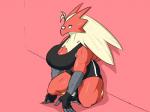 anthro anthrofied bandage big_breasts blue_eyes bottomwear breasts cleavage clothed clothing crouching female huge_breasts looking_at_viewer muscular muscular_female muscular_thighs shorts simple_background solo thick_thighs pokebraix nintendo pokemon avian blaziken generation_3_pokemon pokemon_(species) 2019 4:3 digital_media_(artwork)