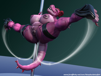 anthro biped clothing female footwear high_heels muscular muscular_anthro muscular_female pole shoes solo stripper_pole idsaybucketsofart adult_swim cartoon_network rick_and_morty interstellar_demon_stripper dinosaur prehistoric_species reptile scalie 3d_(artwork) 4:3 digital_media_(artwork)