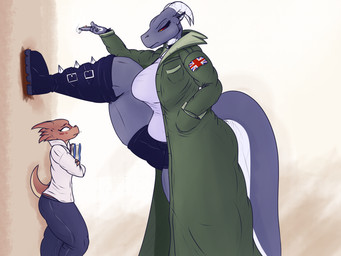 anthro boots cigarette clothed clothing coat dominant dominant_female duo female footwear horn kabedon larger_female male overweight shoes size_difference smaller_male standing submissive submissive_male tail thick_thighs topwear trenchcoat maxine-dragon-787 mythology julian_(maxine_dragon_787) maxine_dragon dragon kobold mythological_creature mythological_scalie scalie 4:3 absurd_res hi_res