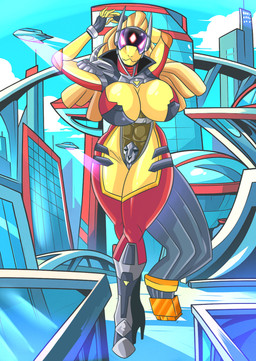 anthro big_breasts bio_mechanical breasts city cleavage clothed clothing cord_hair cord_tail corruption cybernetics female footwear futuristic futuristic_city high_heels huge_breasts japanese machine macro macro_female pose raised_arms scanning shoes size_difference solo tail visor_eyes warrior wide_hips protomarti_(artist) taimanin_(series) taimanin_asagi ultraman_(series) s.o.n.j.a._(alphaleader) android kaiju protogen robot valkyrie absurd_res hi_res pinup