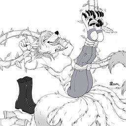 9_tails anthro barefoot bdsm bodily_fluids bondage boots bottomwear bound claws clothed clothing crying eyes_closed fangs feathers feet female footwear fur hair legs_up multi_tail open_mouth pants plant shirt shoes socks solo tail tears teeth tickle_torture tickling tickling_feet toe_claws tongue topwear vine_bondage vines marcushunter nintendo pokemon fan_character veronica_(wolfn85) generation_1_pokemon ninetales pokemon_(species) 1:1 2021 hi_res signature