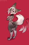 anthro blush breasts collar collar_only digitigrade female fur grey_body grey_fur heart_symbol inner_ear_fluff looking_at_viewer looking_back looking_back_at_viewer nipples nude nude_anthro one_eye_closed red_background simple_background solo standing tail tail_motion tailwag tuft wink winking_at_viewer cactigang canid canine canis mammal wolf 2024 hi_res