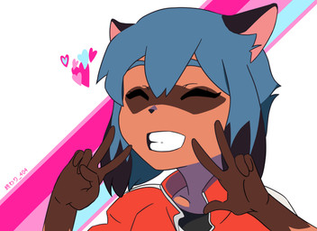abstract_background anthro black_body black_fur black_hair blue_hair brown_body brown_fur clothed clothing double_v_sign eyes_closed female fur gesture hair hand_gesture heart_symbol jacket multicolored_hair short_hair smile solo topwear v_sign owari_404 brand_new_animal studio_trigger michiru_kagemori canid canine mammal raccoon_dog tanuki absurd_res hi_res