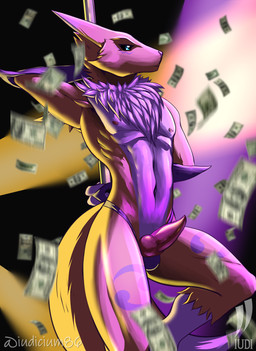 animal_genitalia animal_penis anthro canine_genitalia canine_penis chest_tuft clothing genitals knot male money nightclub nipples penis pole solo spotlight stripper stripper_pole thong tuft underwear iudicium86 bandai_namco digimon canid digimon_(species) mammal renamon hi_res