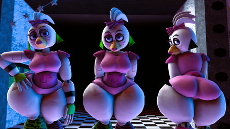 4_fingers accessory anthro beak blue_eyes bottom_heavy bow_ribbon breasts butt checkered checkered_floor clothing ear_piercing ear_ring female fingerless_gloves fingers gloves green_clothing green_fingerless_gloves green_gloves green_handwear group hair_accessory hair_bow hair_ribbon hand_on_hip handwear huge_thighs inside lips looking_at_viewer looking_back looking_back_at_viewer machine medium_breasts non-mammal_breasts orange_beak panties piercing pink_clothing pink_panties pink_shirt pink_topwear pink_underwear presenting presenting_hindquarters ribbons ring_piercing shirt square_crossover thick_thighs topwear trio underwear wide_hips nugter five_nights_at_freddy's five_nights_at_freddy's:_security_breach scottgames steel_wool_studios glamrock_chica animatronic avian bird chicken galliform phasianid robot robot_anthro 3d_(artwork) absurd_res digital_media_(artwork) hi_res source_filmmaker_(artwork)