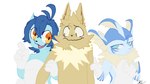 4_fingers anthro belly black_nose blue_body blue_eyes blue_skin female fin fingers fur green_eyes group male pink_nose trio white_belly white_body white_fur white_skin yellow_body yellow_eyes yellow_fur furyraptor23 nintendo pokemon ruka_vaporeon squish_vaporeon eeveelution generation_1_pokemon jolteon pokemon_(species) vaporeon 16:9 half-length_portrait hi_res portrait widescreen