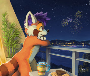 anthro black_nose brown_markings container cookie cup fireworks food fur glistening glistening_eyes hair inner_ear_fluff logo male markings mug night nude open_mouth open_smile orange_body orange_fur outside plant plant_pot potted_plant purple_eyes purple_hair purple_inner_ear_fluff short_hair side_view smile solo standing star striped_markings striped_tail stripes tail tail_markings tuft water whiskers white_body white_fur yellow_markings young young_anthro young_male pandapaco ailurid mammal red_panda absurd_res artist_logo hi_res signature