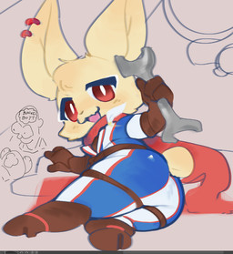 ambiguous_gender anthro bodysuit boots brown_boots brown_clothing brown_footwear brown_gloves brown_handwear butt clothed clothed_ambiguous clothed_anthro clothing door ear_piercing ear_ring eyelashes footwear fully_clothed fully_clothed_ambiguous fully_clothed_anthro gloves handwear head_tuft holding_object holding_tool holding_wrench iris looking_at_viewer lying on_side open_mouth open_smile piercing protractor pupils red_eyes ring_piercing shoes short_tail skinsuit smile smiling_at_viewer solo tail tan_body tan_ears tan_tail tight_clothing tools tuft white_pupils white_sclera wrench ligma_(artist) flightpath maxine_(flightpath) lagomorph leporid mammal rabbit 2024 archived_source digital_drawing_(artwork) digital_media_(artwork) full-length_portrait portrait female_(lore)