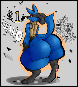anthro big_butt black_butt blue_body blue_butt butt feet huge_butt looking_at_viewer looking_back male pawpads paws pink_pawpads rear_view simple_background solo standing tail wide_hips caiem nintendo pokemon canid canine generation_4_pokemon lucario mammal pokemon_(species) digital_media_(artwork) hi_res